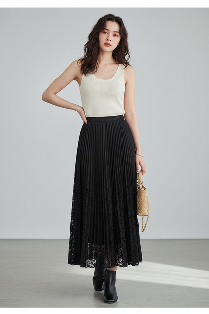 Jupe Longue Plissée Dentelle Élégante Mode