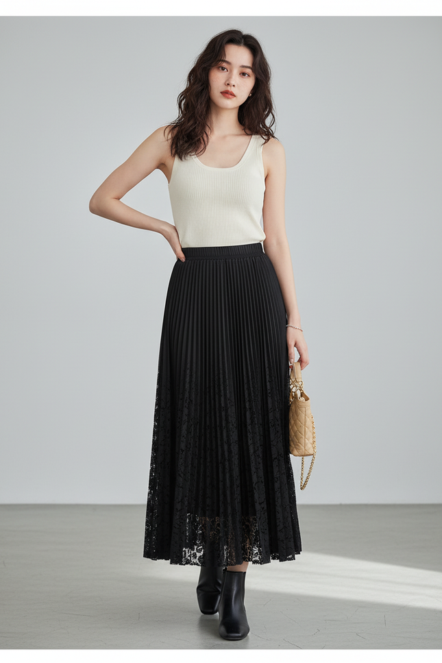 Jupe Longue Plissée Dentelle Élégante Mode