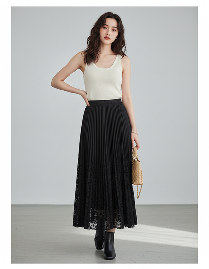 Jupe Longue Plissée Dentelle Élégante Mode