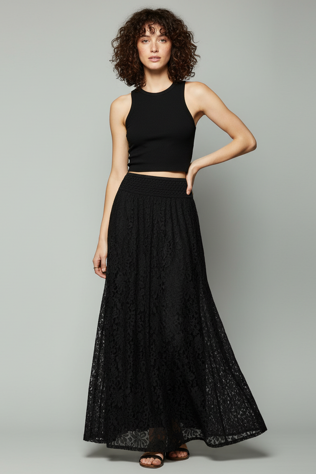 Jupe Longue Noire Dentelle Élégante