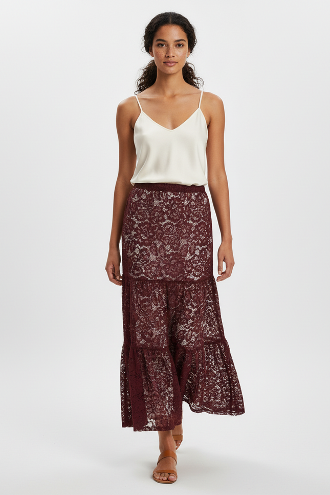 Jupe Longue Dentelle Bordeaux Élégante