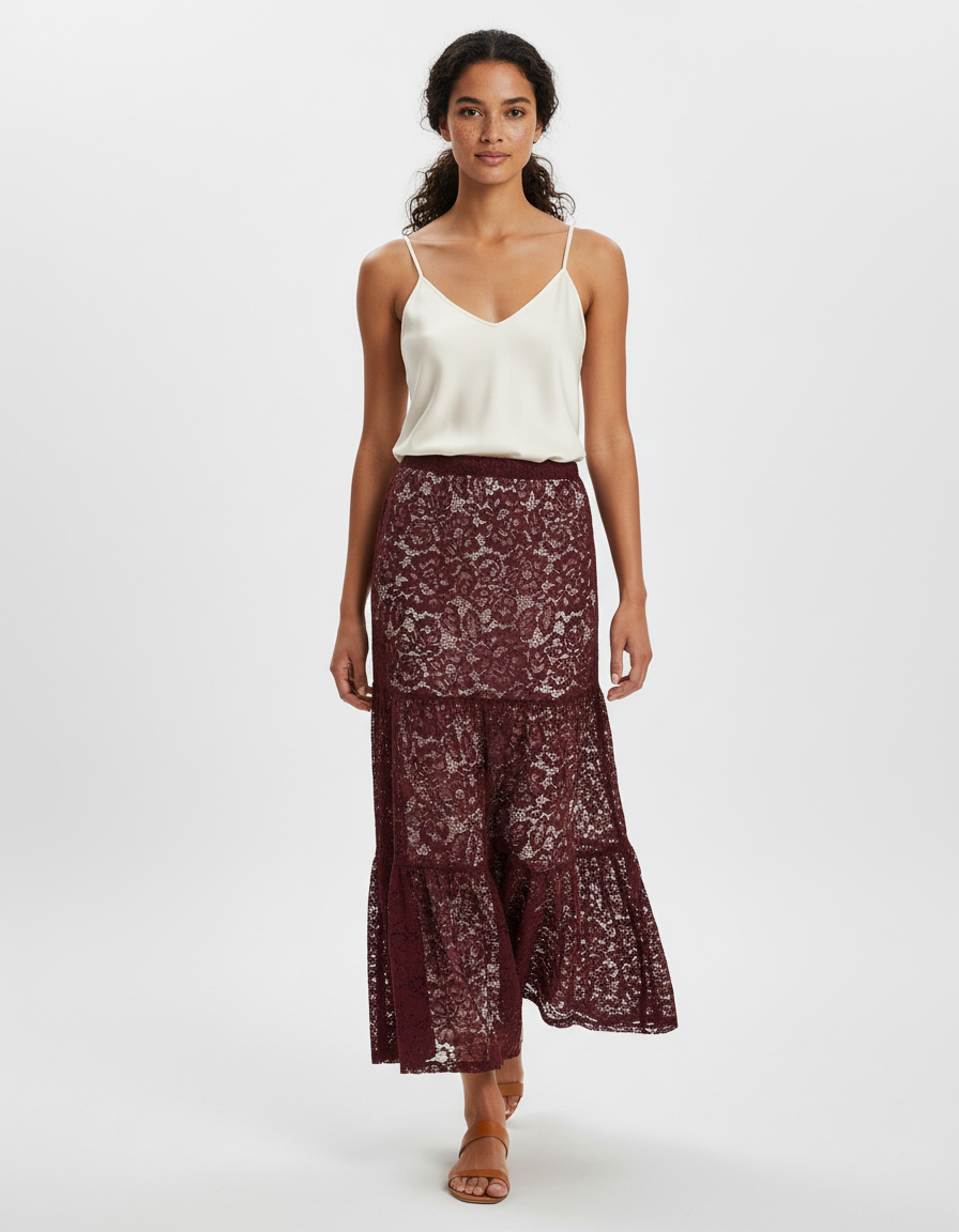 Jupe Longue Dentelle Bordeaux Élégante