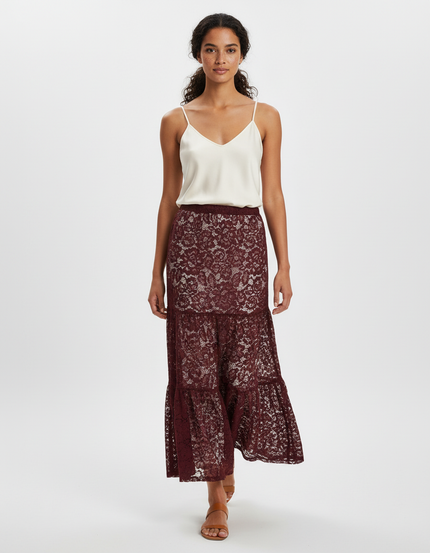 Jupe Longue Dentelle Bordeaux Élégante