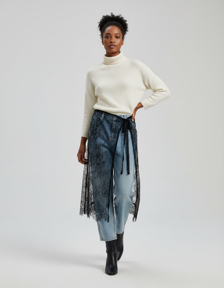 Jupe Longue Dentelle Noire Élégante Irrégulière