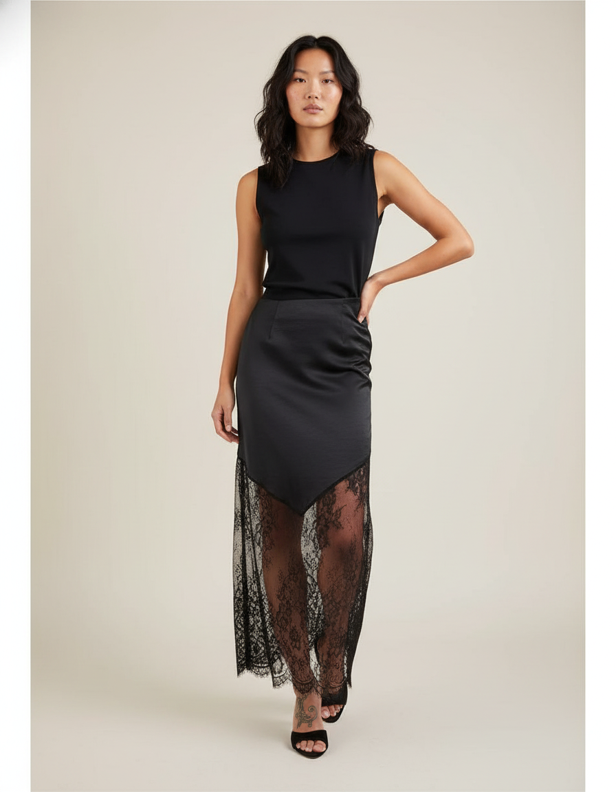 Jupe Longue Noire Dentelle Élégante Femme