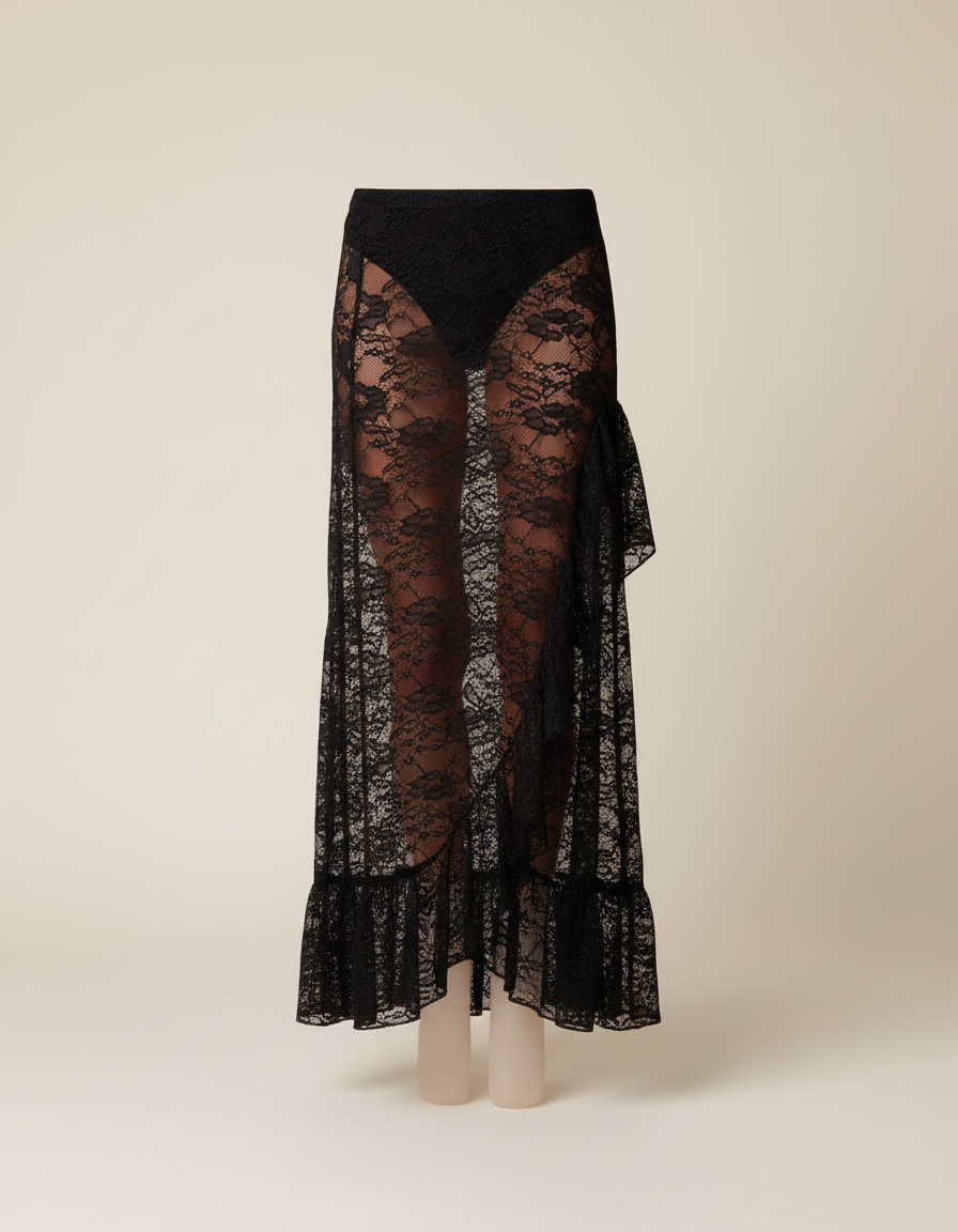 Jupe Longue Dentelle Transparente Noire Chic