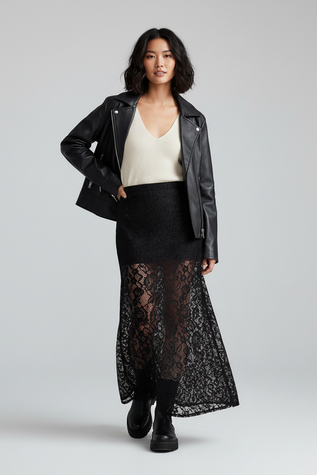 Jupe Longue Noire Dentelle Transparente Élégante