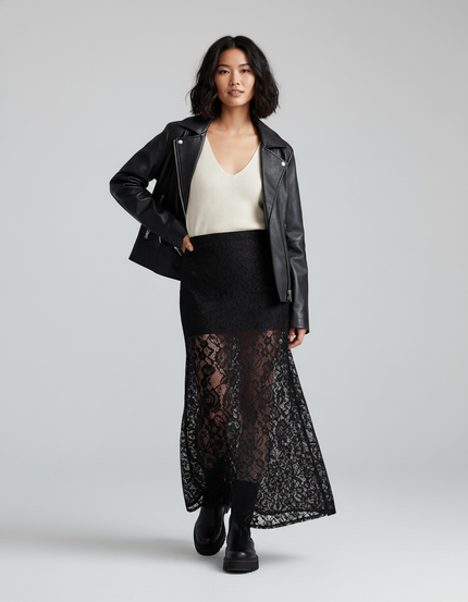 Jupe Longue Noire Dentelle Transparente Élégante