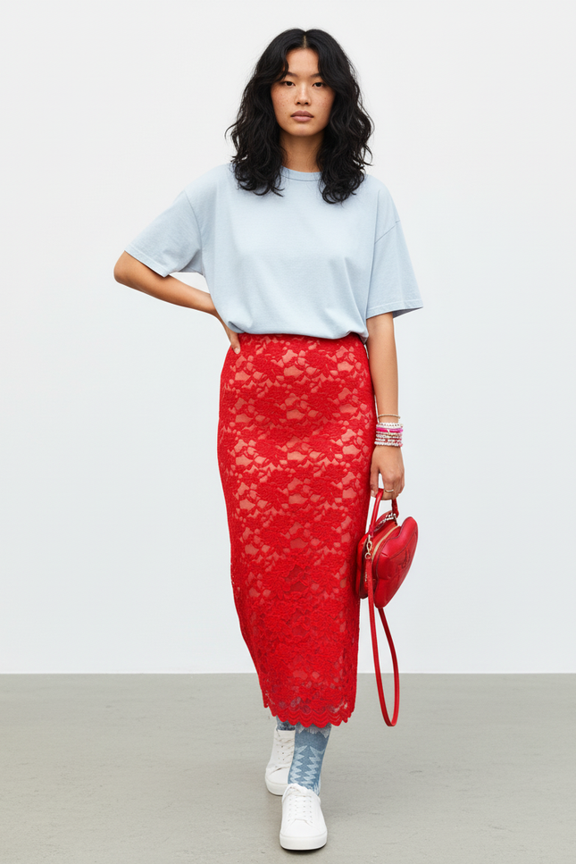 Jupe Longue Rouge Dentelle Élégante