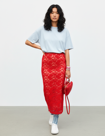 Jupe Longue Rouge Dentelle Élégante