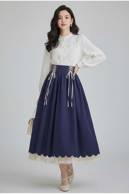 Jupe Longue Bleu Marine Lacets Vintage