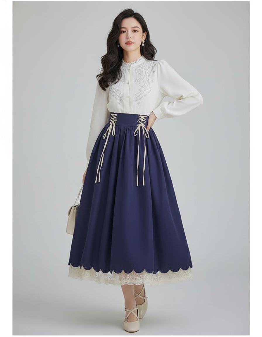 Jupe Longue Bleu Marine Lacets Vintage