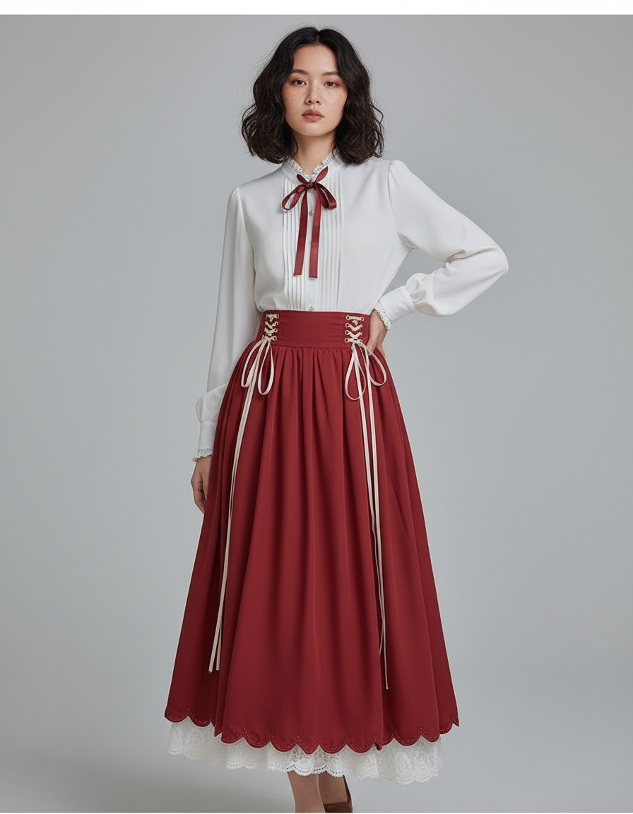 Jupe Longue Rouge Laçage Élégante