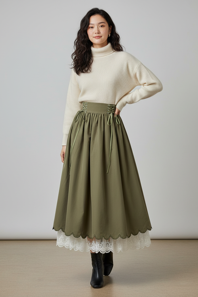 Jupe Longue Kaki Taille Lacée Vintage