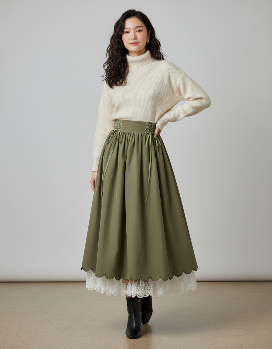 Jupe Longue Kaki Taille Lacée Vintage