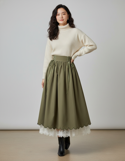 Jupe Longue Kaki Taille Lacée Vintage