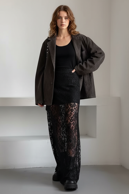 Jupe Longue Dentelle Transparente Élégante Mode