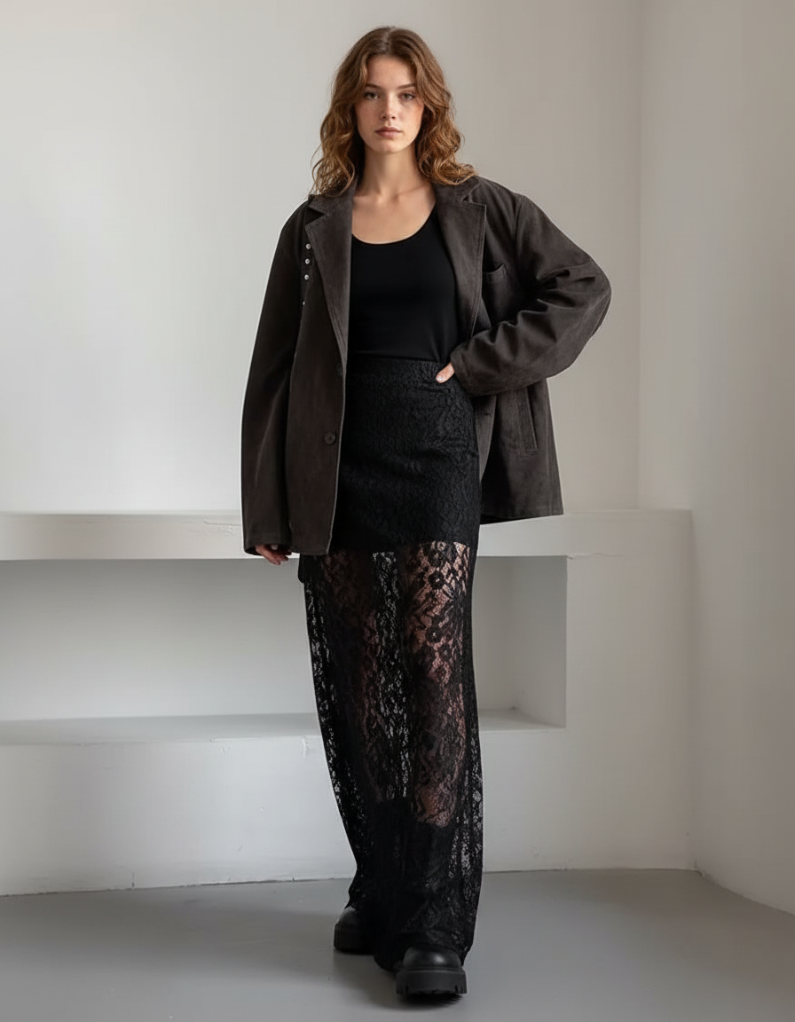 Jupe Longue Dentelle Transparente Élégante Mode