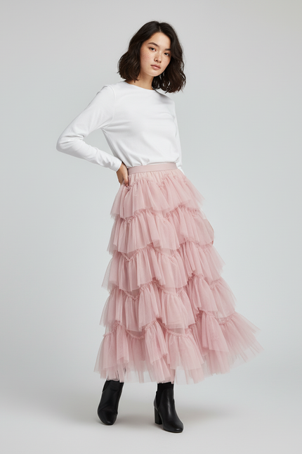 Jupe Longue Rose Poudré Volants Chic