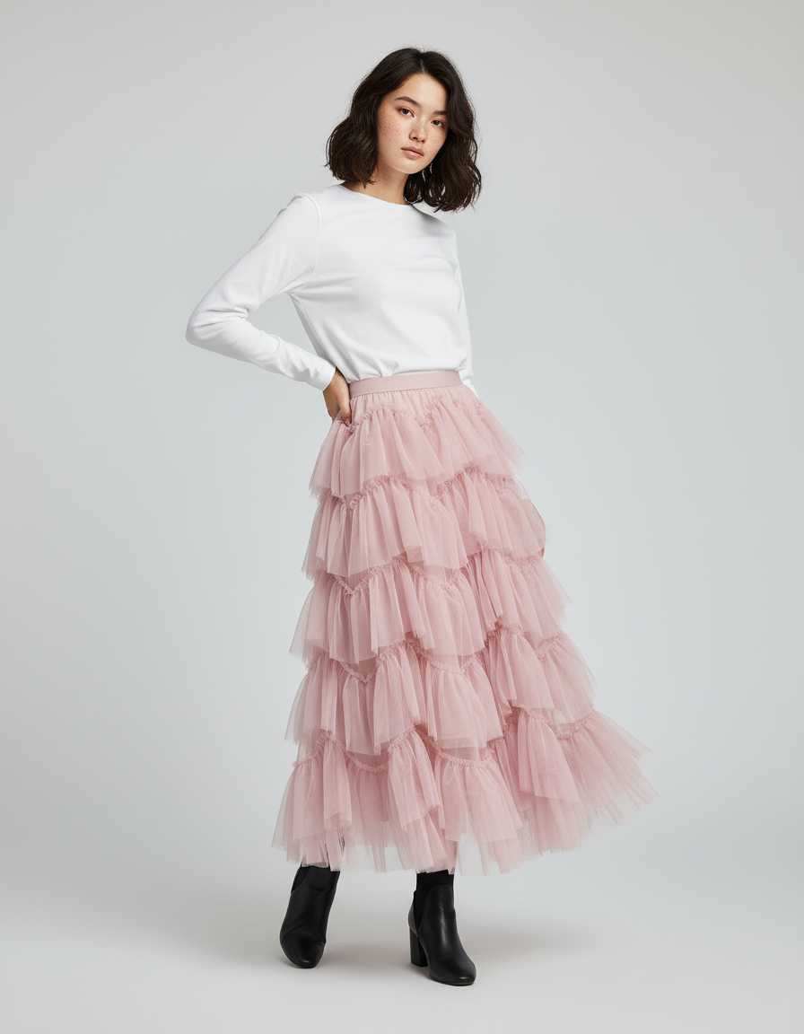 Jupe Longue Rose Poudré Volants Chic