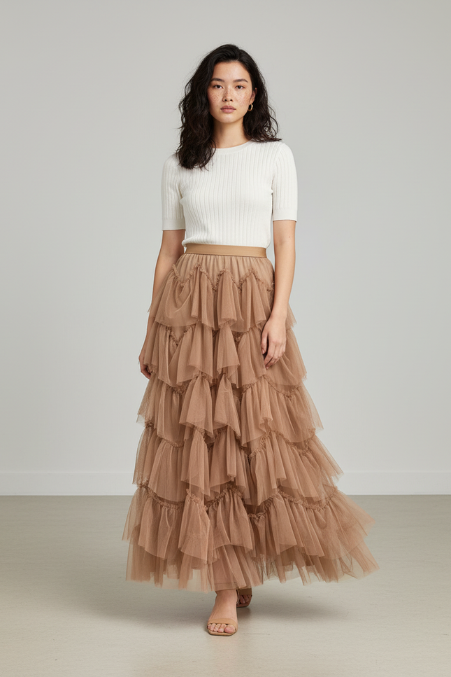 Jupe Longue Beige Tulle Volants Élégante