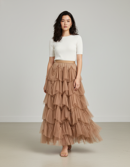 Jupe Longue Beige Tulle Volants Élégante