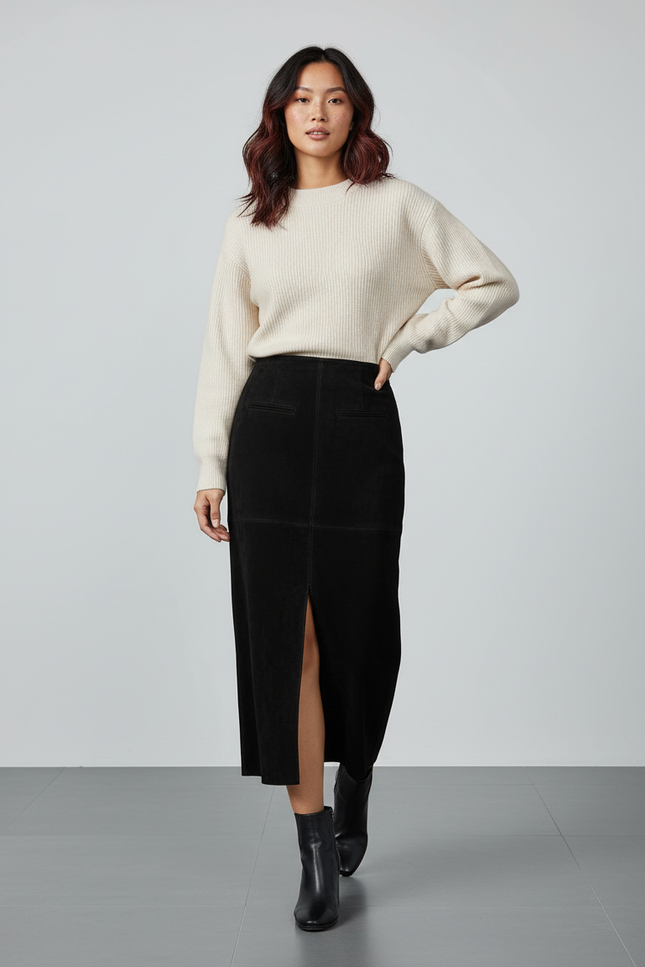 Jupe Longue Noire Daim Chic