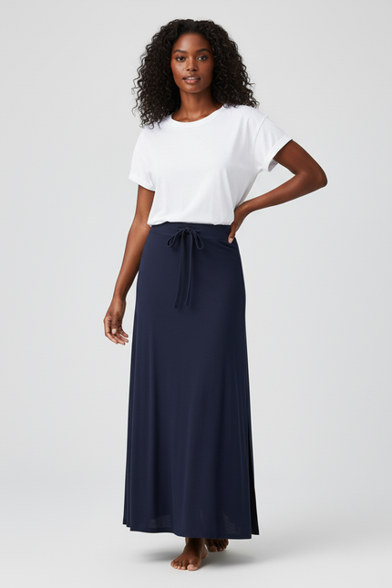 Jupe Longue Maille Fluide Bleu Marine Fendue