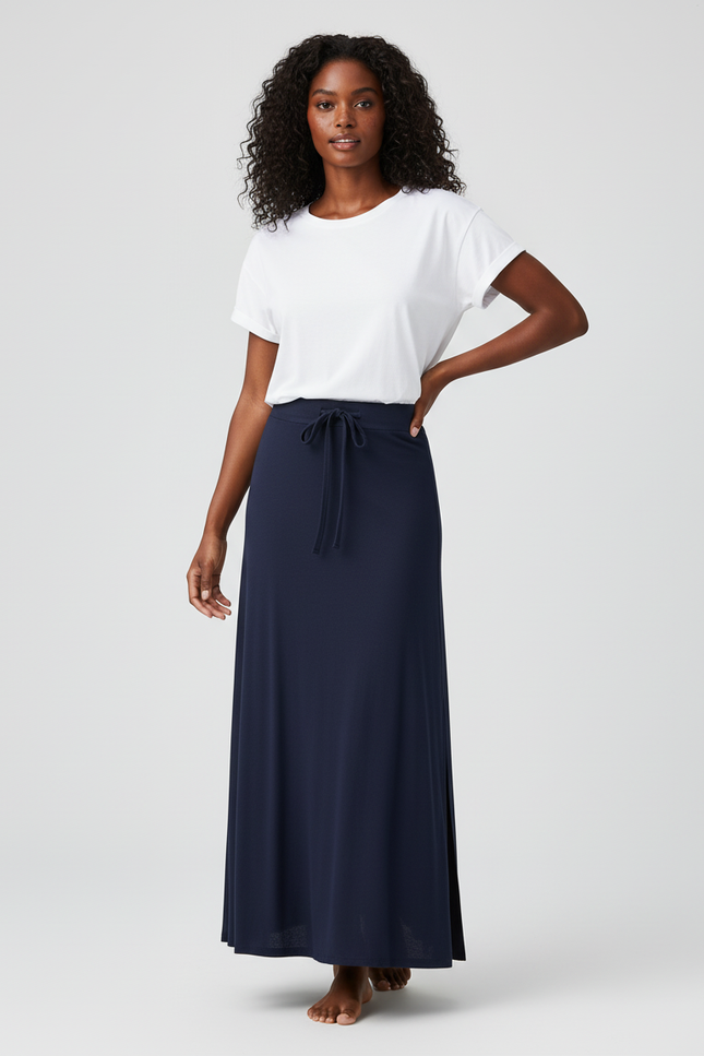 Jupe Longue Maille Fluide Bleu Marine Fendue