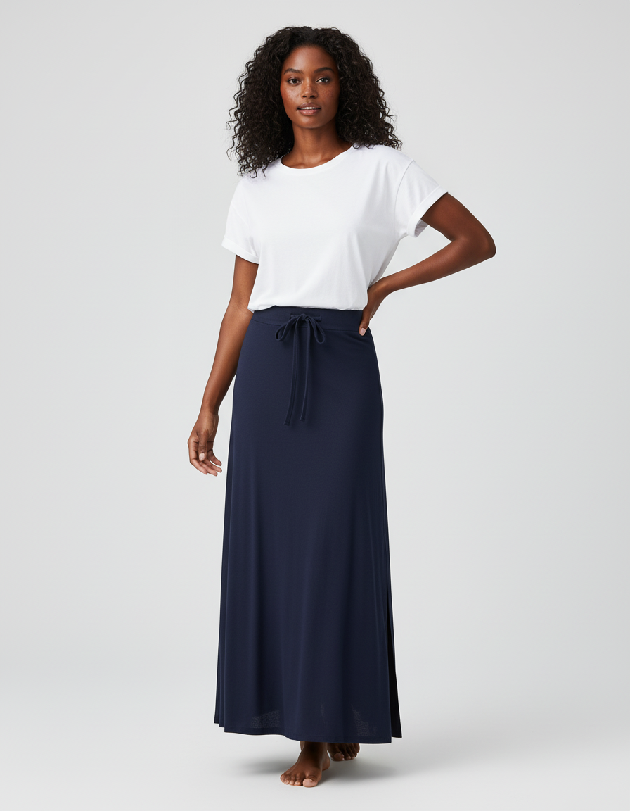 Jupe Longue Maille Fluide Bleu Marine Fendue