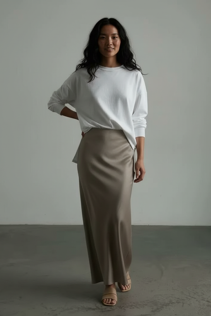 Jupe Longue Satin Taupe Fluide