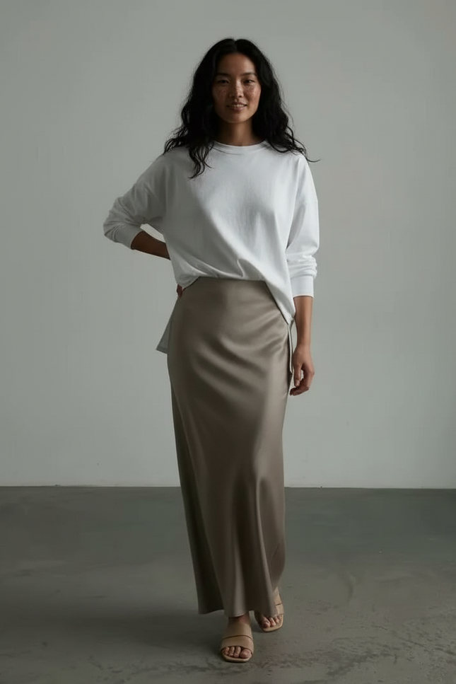 Jupe Longue Satin Taupe Fluide