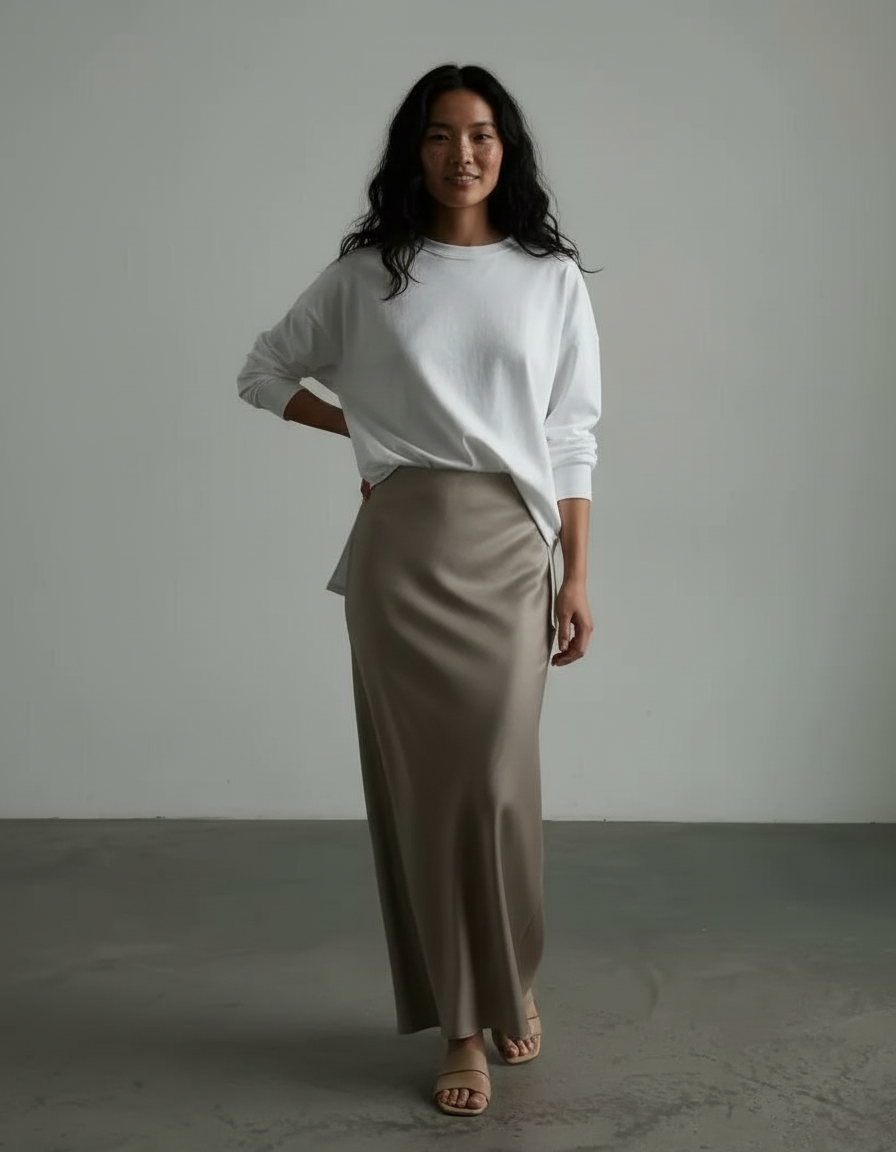 Jupe Longue Satin Taupe Fluide