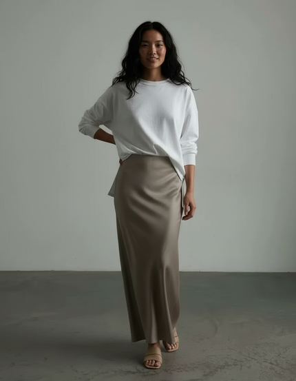 Jupe Longue Satin Taupe Fluide