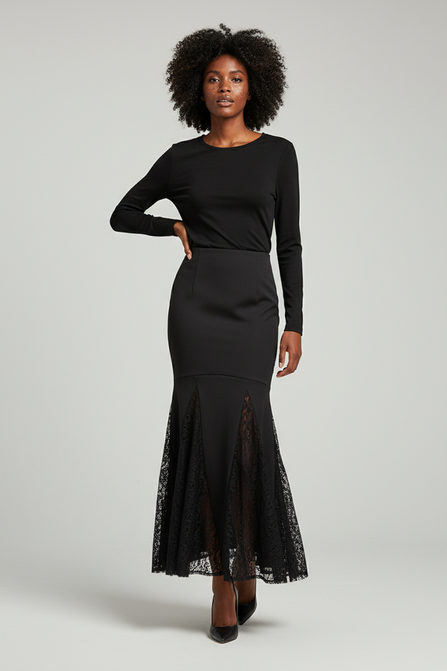 Jupe Longue Noire Dentelle Chic