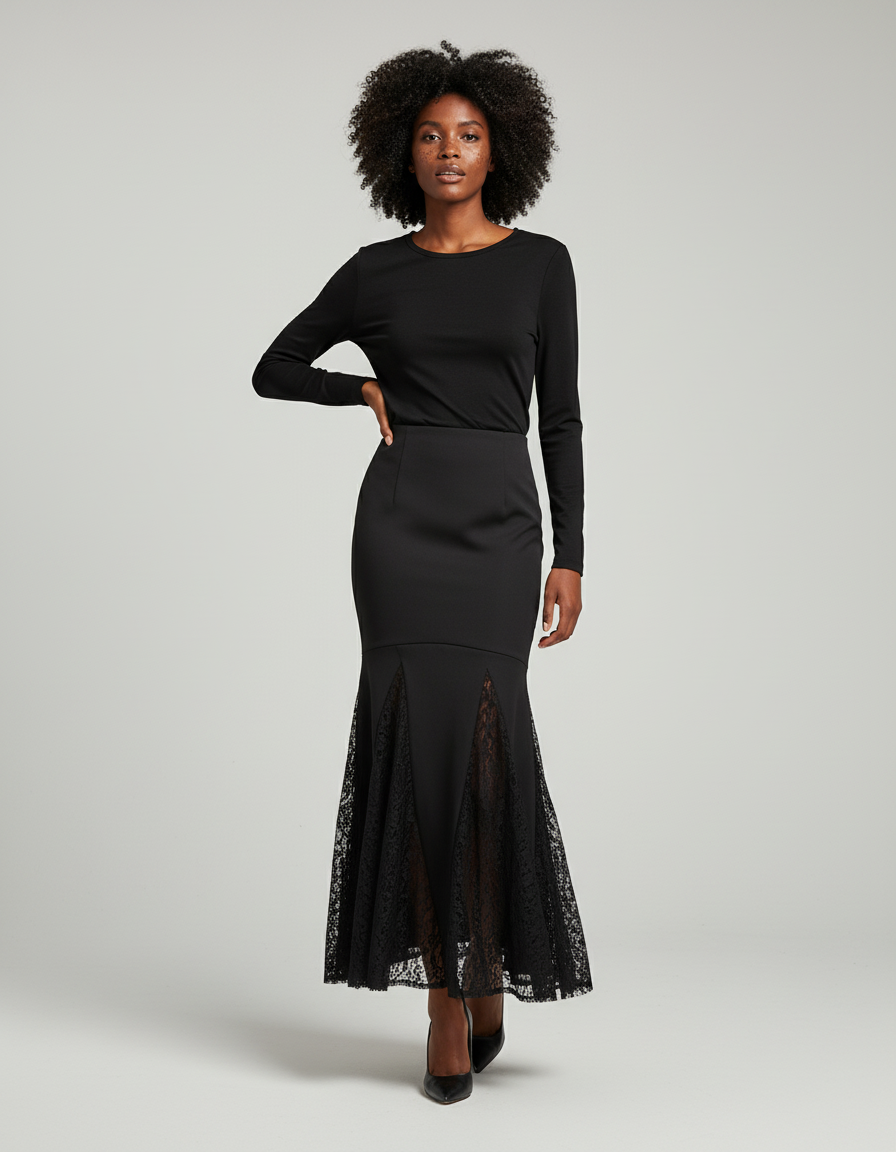 Jupe Longue Noire Dentelle Chic
