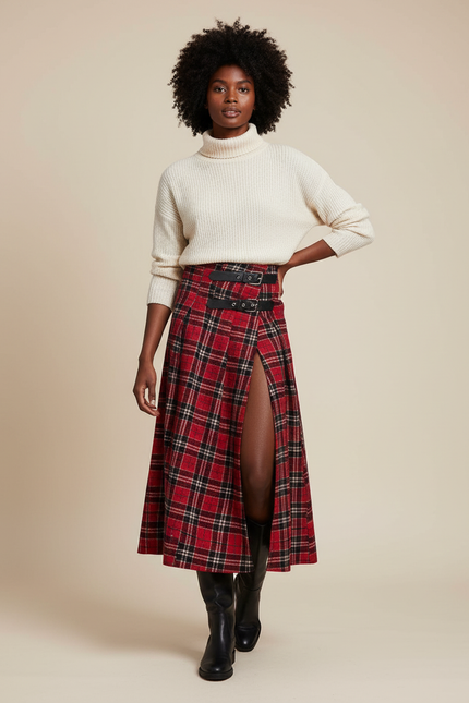 Jupe Longue Écossaise Fendue Chic