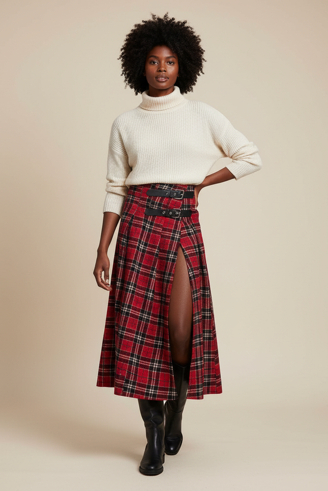 Jupe Longue Écossaise Fendue Chic
