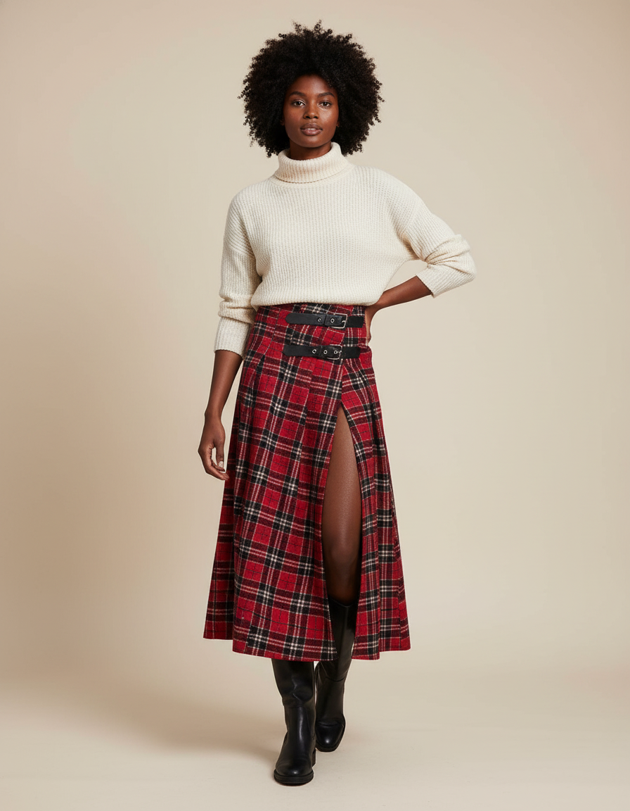 Jupe Longue Écossaise Fendue Chic