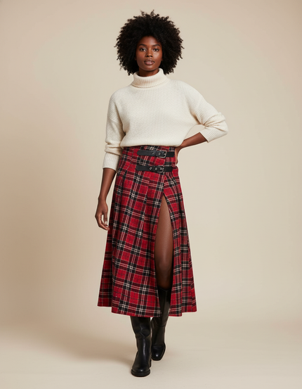Jupe Longue Écossaise Fendue Chic