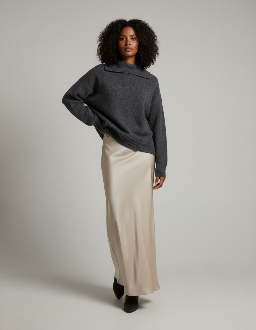 Jupe Longue Crème Satin Fluide Élégante