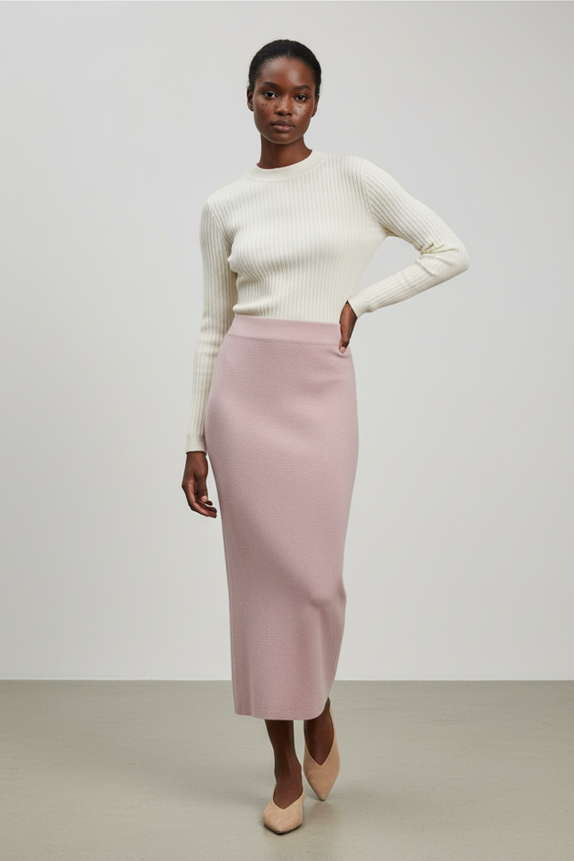 Jupe Longue Rose Poudré Tricotée Élégante