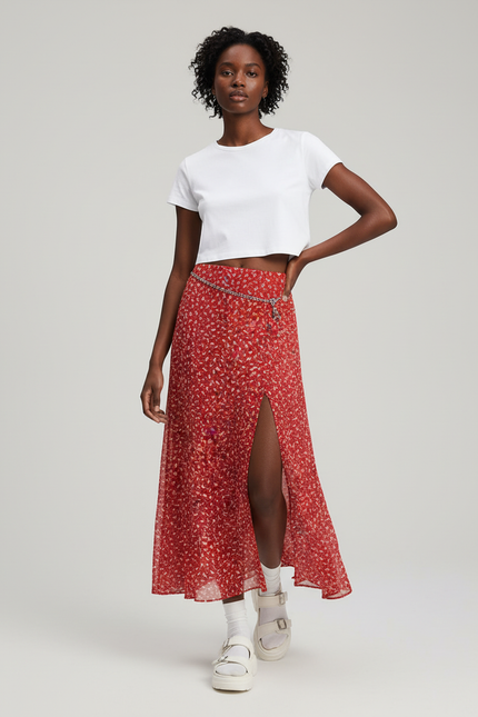 Jupe Longue Rouge Florale Fluide