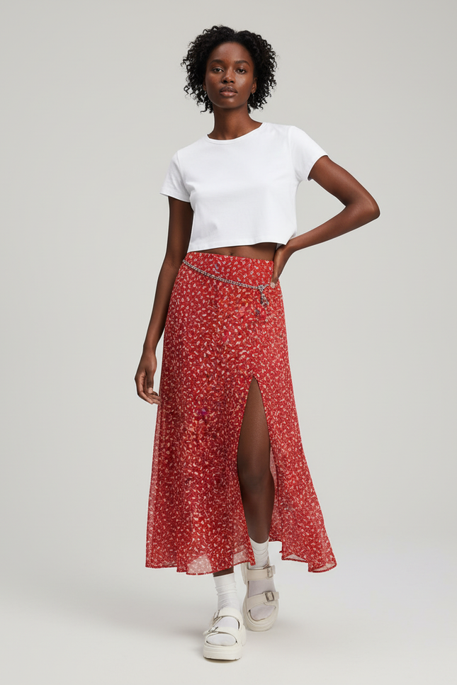 Jupe Longue Rouge Florale Fluide