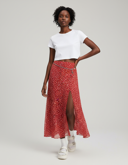 Jupe Longue Rouge Florale Fluide