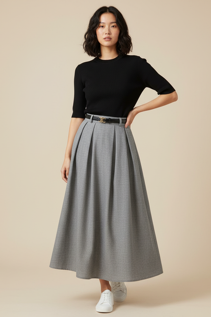 Jupe Longue Grise Plissée Élégante Femme