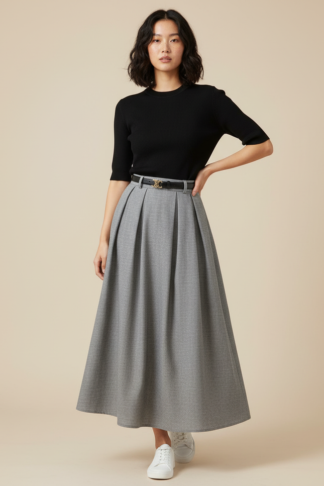 Jupe Longue Grise Plissée Élégante Femme
