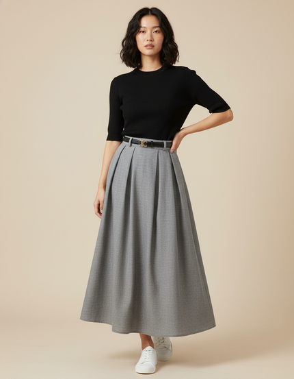 Jupe Longue Grise Plissée Élégante Femme