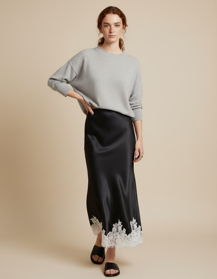 Jupe Longue Satin Dentelle Élégante Chic