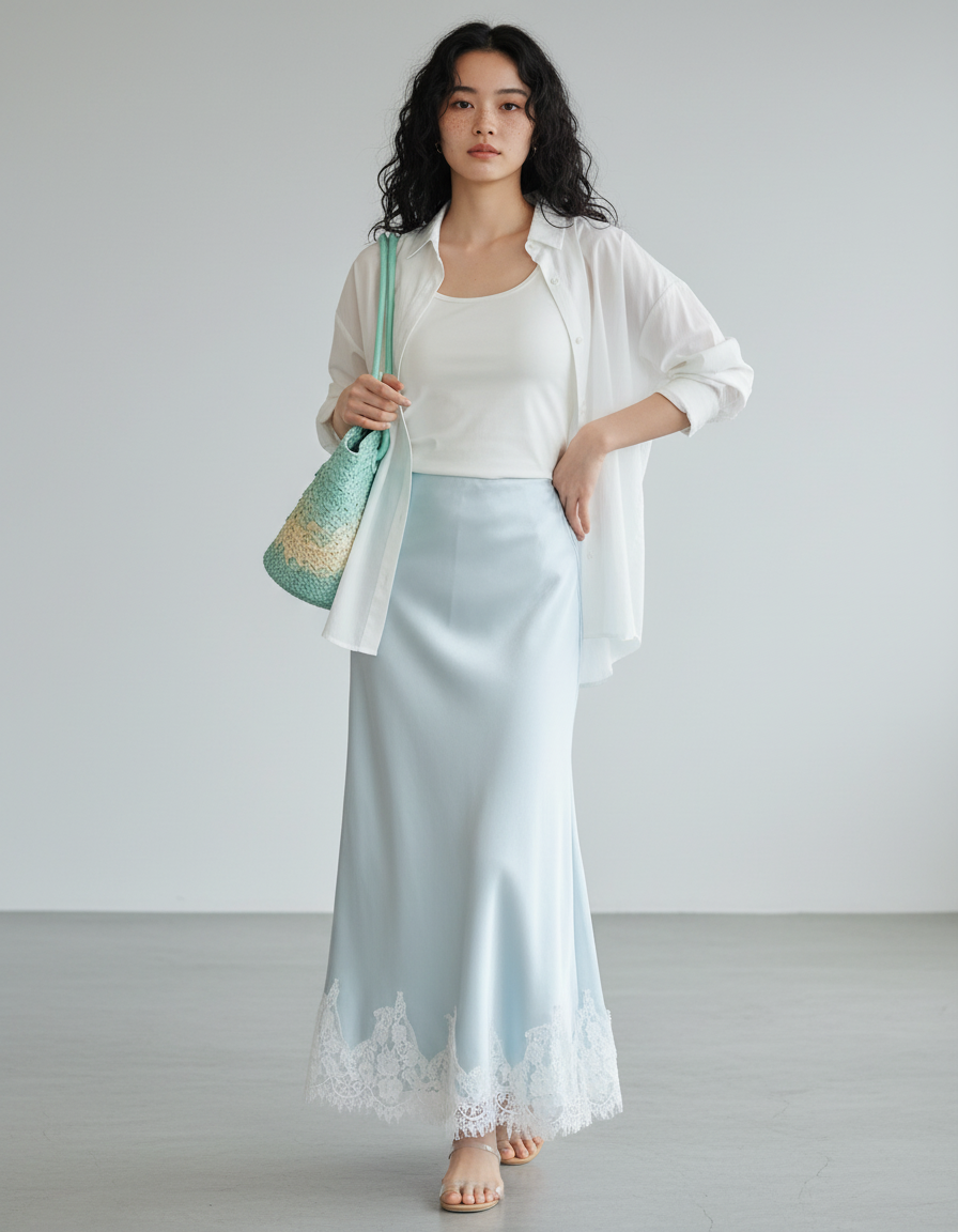 Jupe Longue Satin Dentelle Bleue Chic